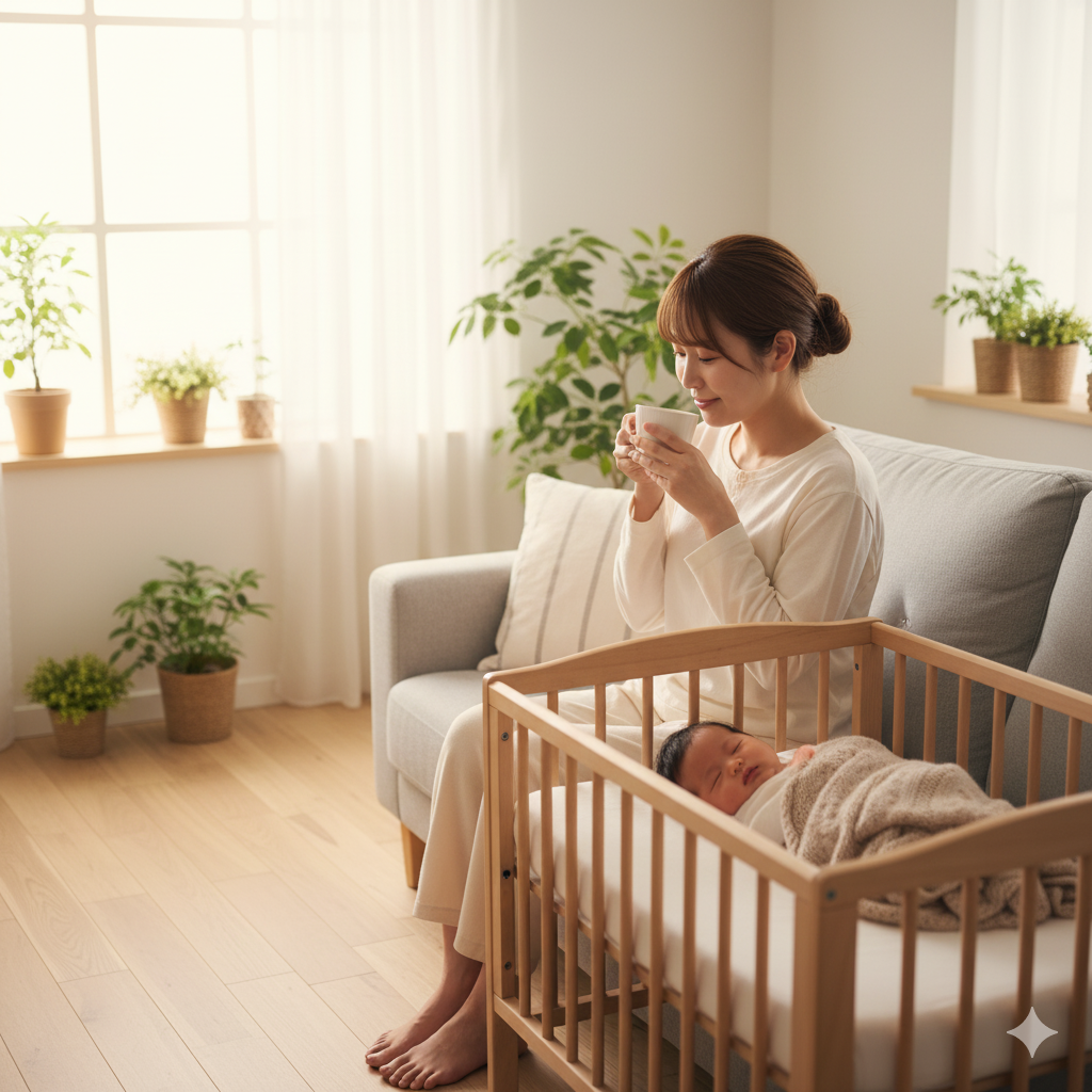 赤ちゃんが眠るそばで、ママがコーヒーカップを手にリラックスしている様子

