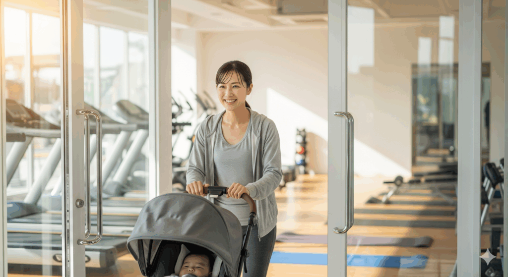 日本人の産後ママが、赤ちゃんをベビーカーに乗せながら笑顔でジムを後にするシーン。軽く運動を終えて、リフレッシュした様子。背景は明るく清潔なフィットネスジム。写真風、爽やかで安心感のある雰囲気。