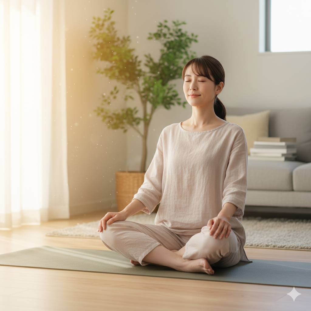 帝王切開後の運動再開に悩む産後ママが、自宅でヨガマットに座り呼吸法をしている様子