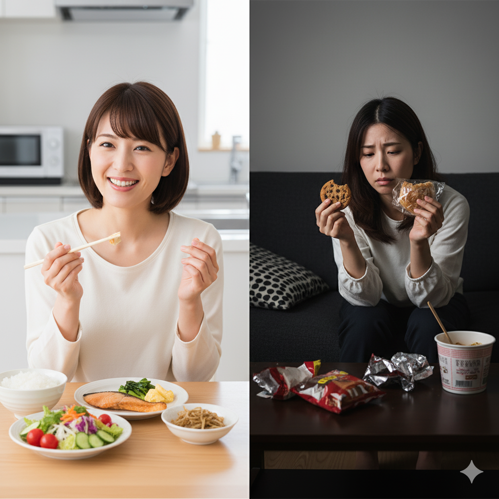 産後 痩せる 人と痩せない人の食生活を比較したイメージ。バランス食のママとお菓子中心のママ、改善ポイントのイラスト付き
