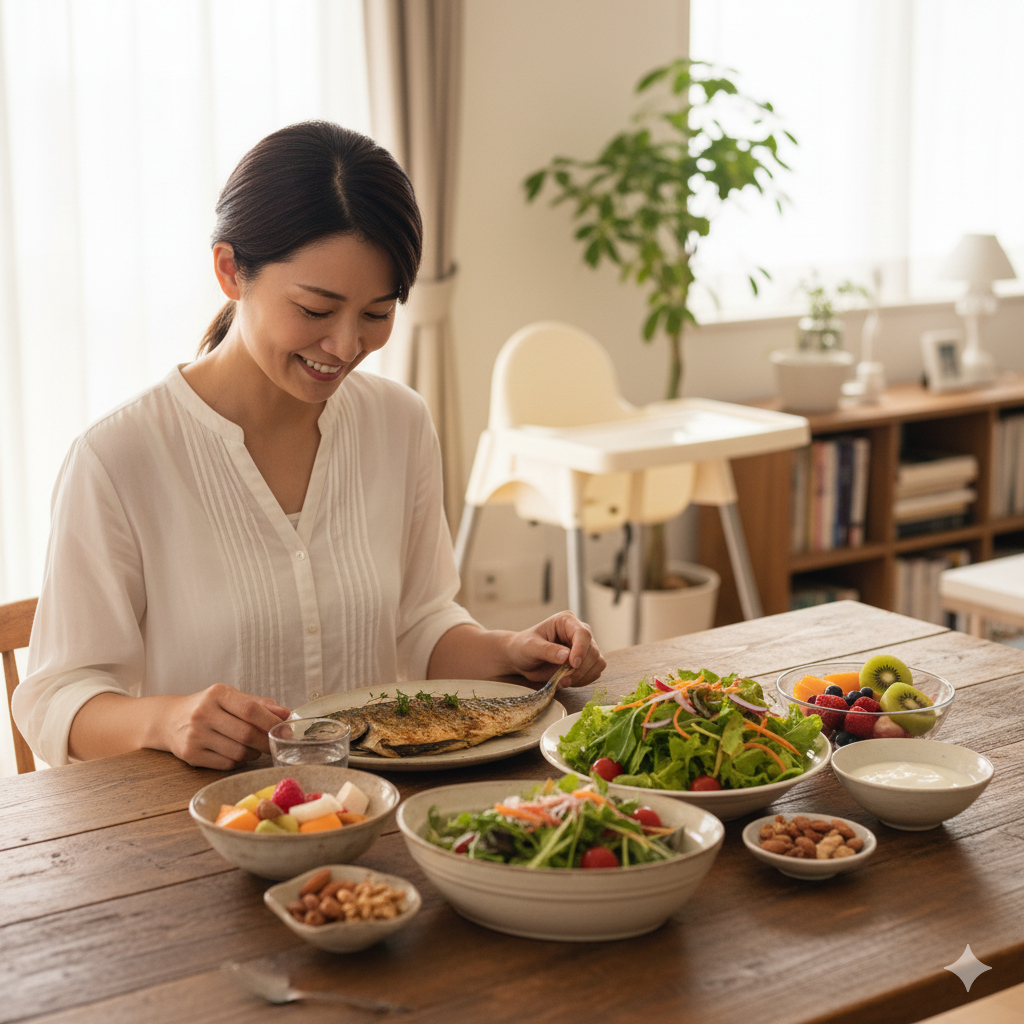 母乳育児中に注意したい食事のポイントを表現したシーン。栄養バランスの良い食事を前にするママ