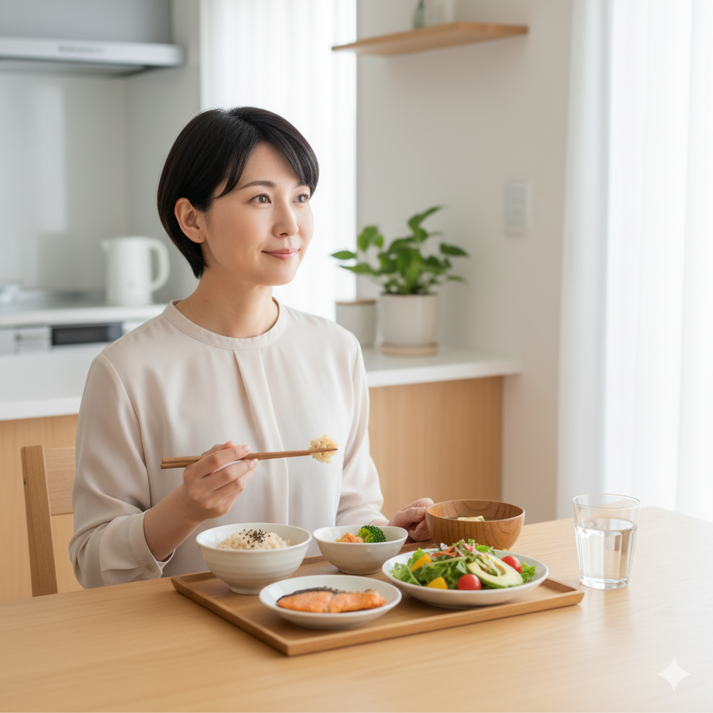 帝王切開後の産後ダイエットで栄養バランスを意識した食事をする日本人ママの様子
