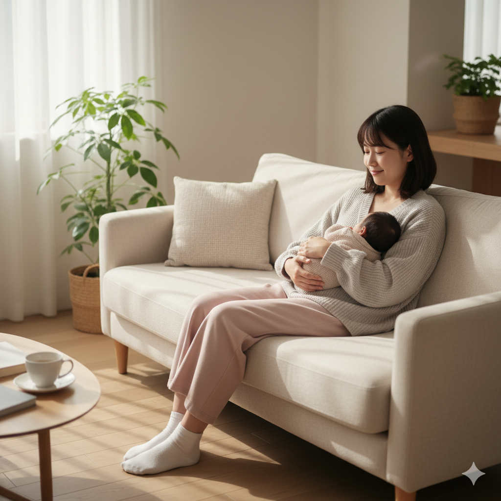 産後の日本人ママが赤ちゃんをそばに置き、明るいリビングでヨガマットの上で深呼吸と軽いストレッチをしている様子。穏やかな自然光と清潔感のあるインテリアが、無理のない産後ダイエットの開始を表している。