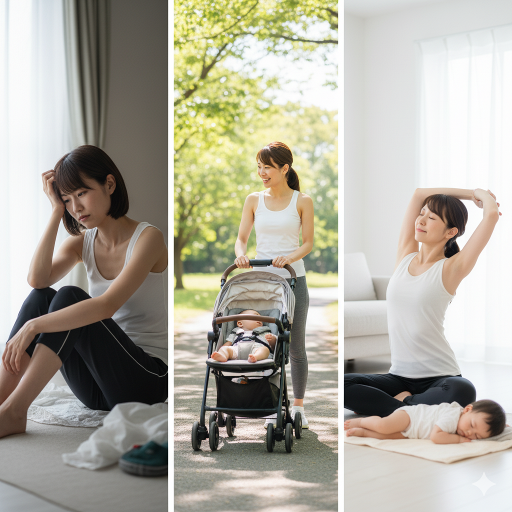 産後ダイエットの成功例と失敗例を対比的に表現した3人のママのイメージ写真
