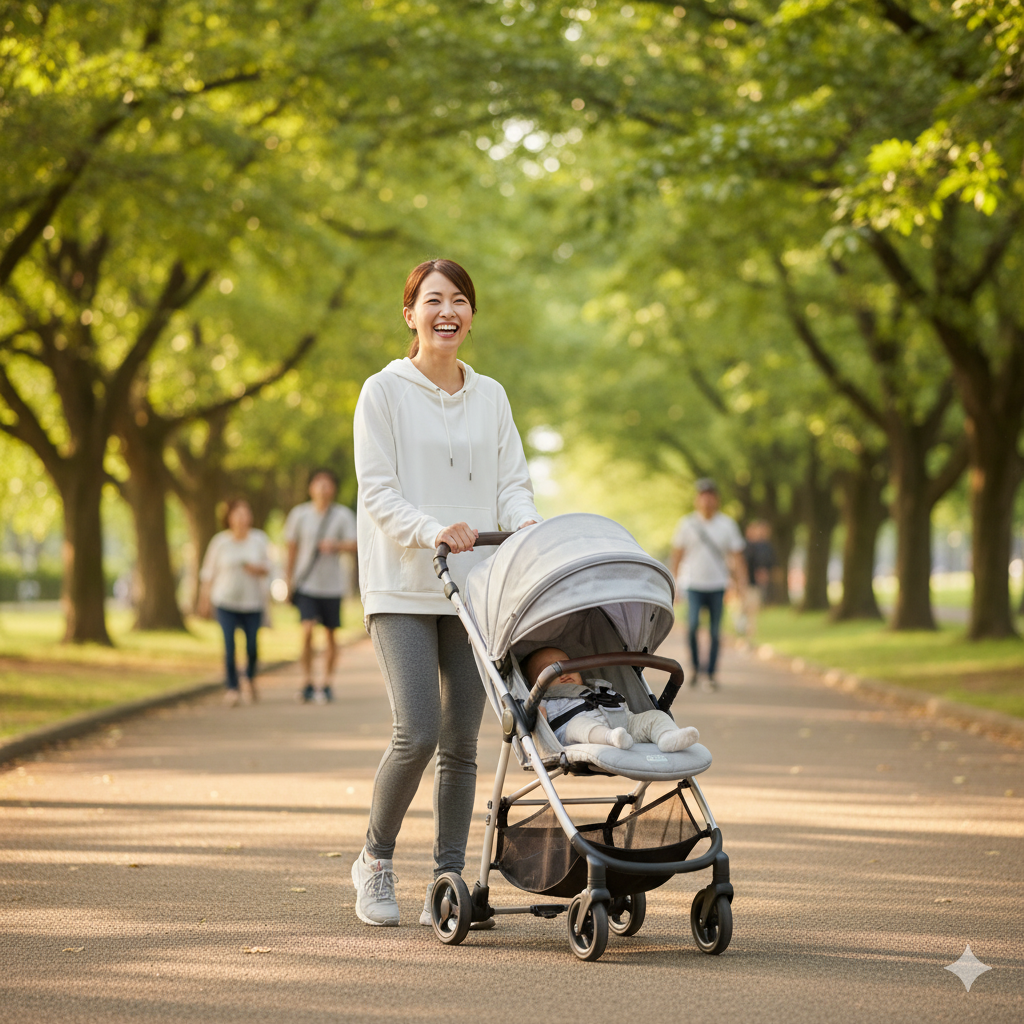 帝王切開後の運動再開に向けて、産後ママがベビーカーを押しながら公園をウォーキングしている様子

