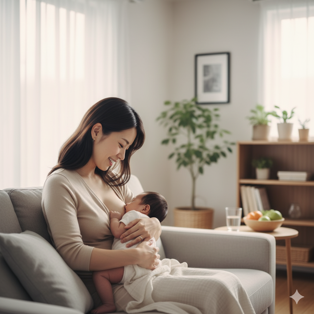 母乳育児で痩せる理由をイメージしたシーン。授乳中のママが赤ちゃんを抱き、自然光の中で過ごしている様子