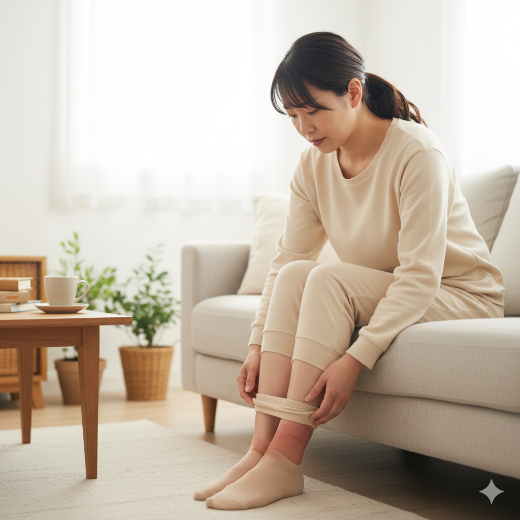 産後のママがソファに座り、足首のむくみを気にしてさすっている様子の写真イメージ
