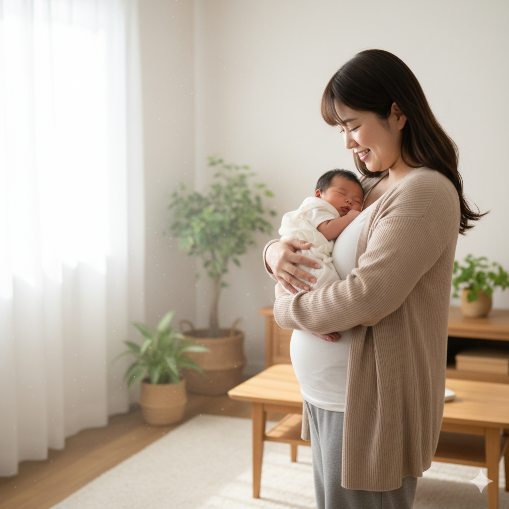 産後のママが赤ちゃんを抱っこしながら微笑んでいる健康的なイメージ写真