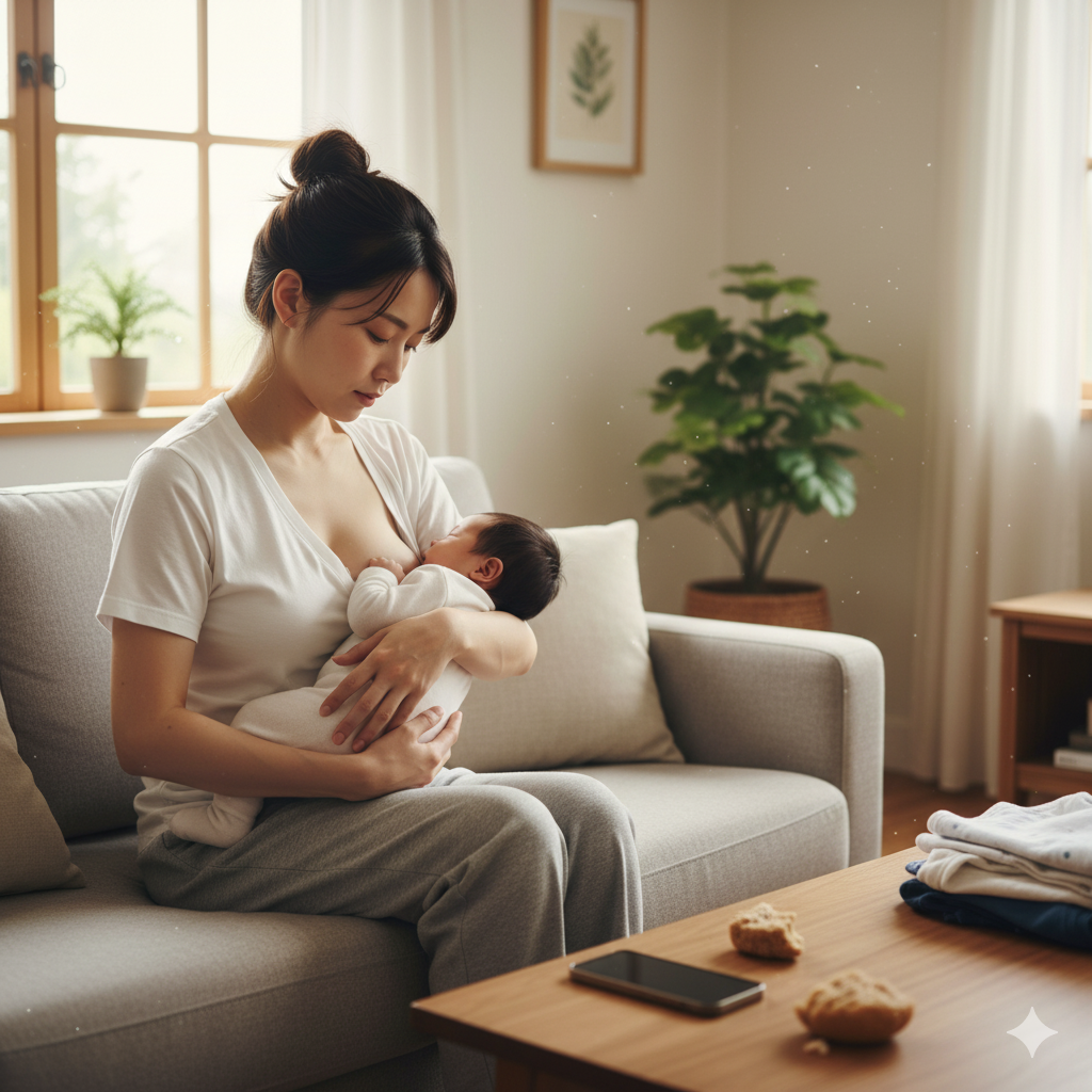 産後のママが授乳や家事で疲れた様子を見せるイメージ写真
