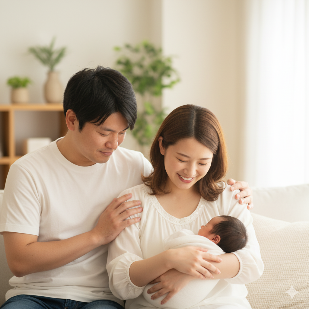 赤ちゃんを抱きながら笑顔で寄り添う産後の女性とパートナー