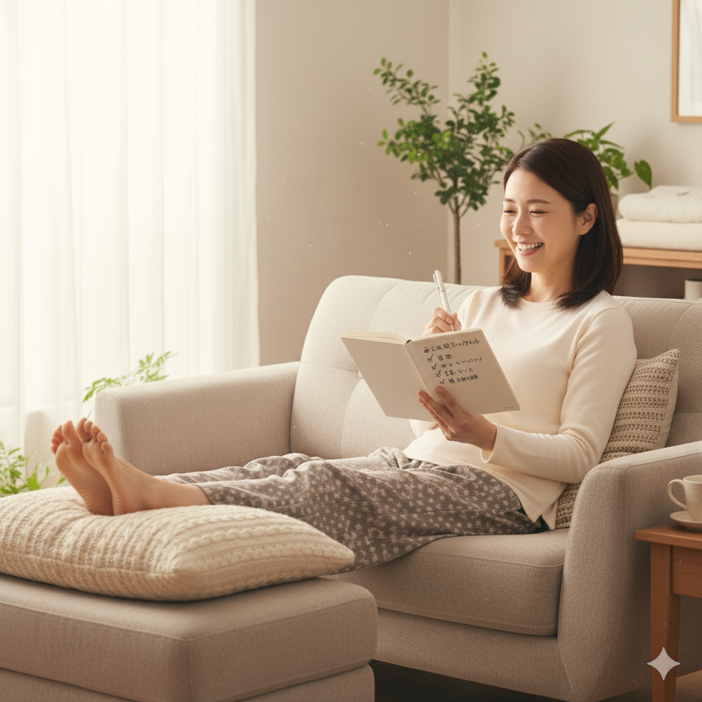 日本人の産後ママがノートにむくみ対策のチェックリストを書き込み、確認している様子の写真イメージ
