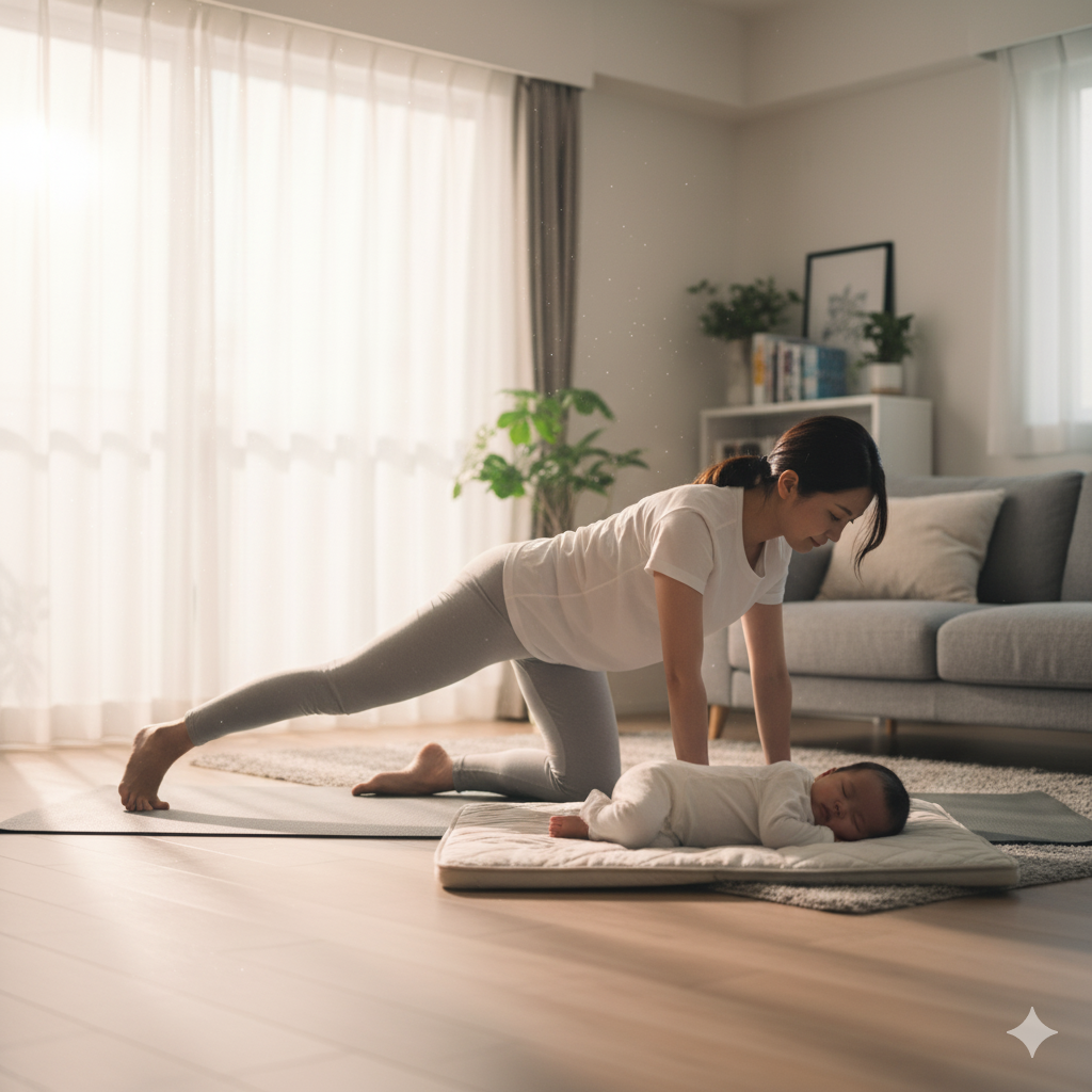 産後のママが自宅で四つん這い体幹エクササイズを行っている様子