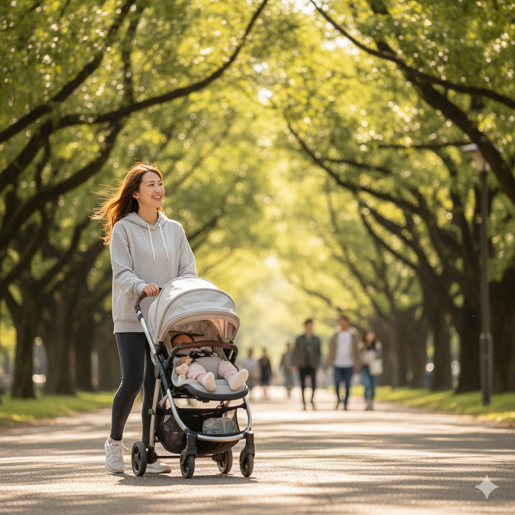 帝王切開後の運動 再開を安全に行い、産後ママがベビーカーを押しながら公園を散歩している様子