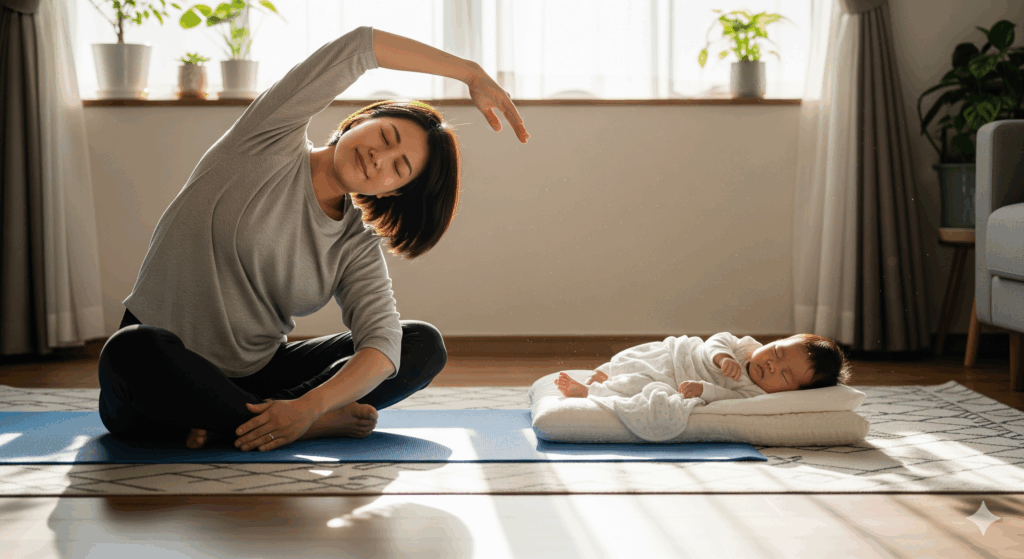 産後のダイエットでマイナス 10 キロを目指すママが、自宅でヨガやストレッチを行っている様子