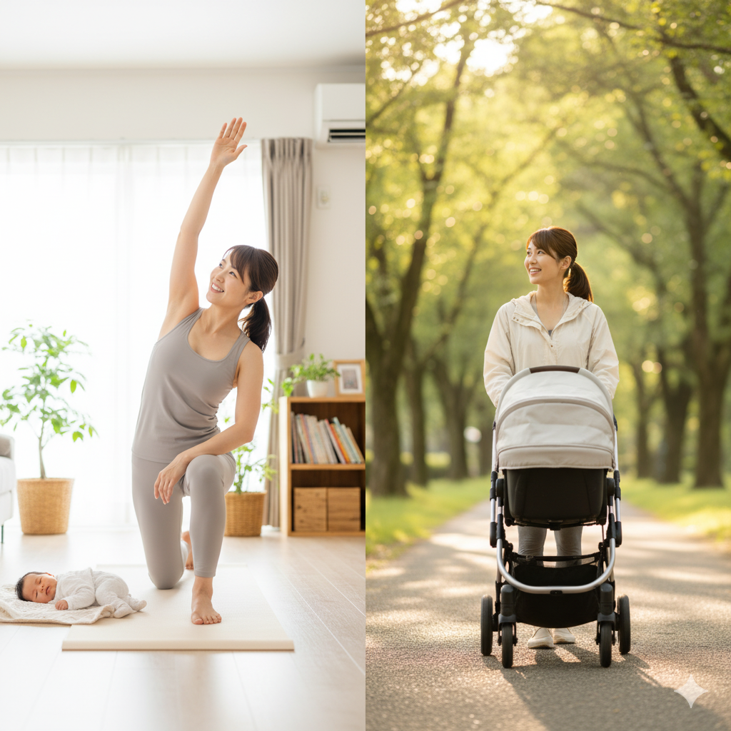 母乳育児中におすすめの運動や生活習慣を表現したシーン。ストレッチや散歩を取り入れるママの様子
