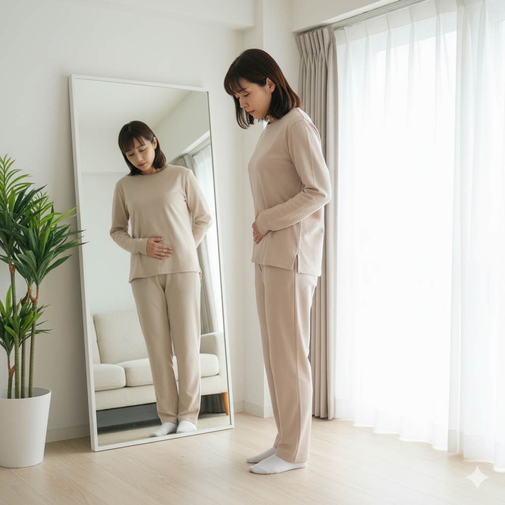 帝王切開後の傷跡とお腹のたるみを気にする産後ママ
