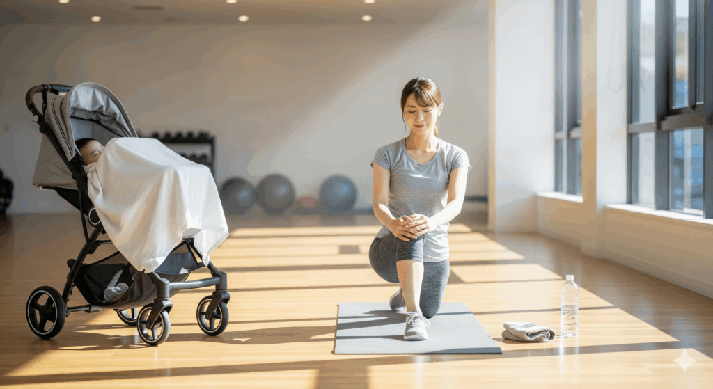 産後にジムに通っている授乳中のママがベビーカーの赤ちゃんのそばでストレッチしている様子