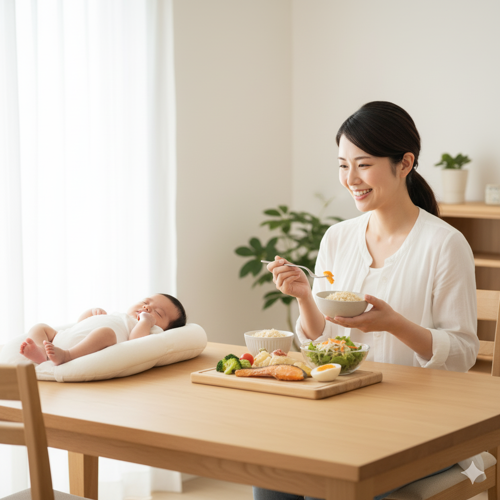 母乳で痩せないと悩むママがバランスの良い食事を取り入れている様子
