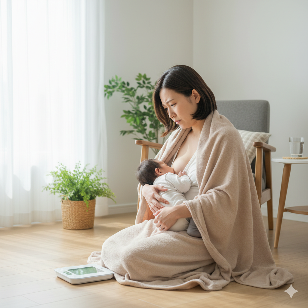 母乳で痩せないことに悩み、体重計に乗って不安そうにする産後ママ