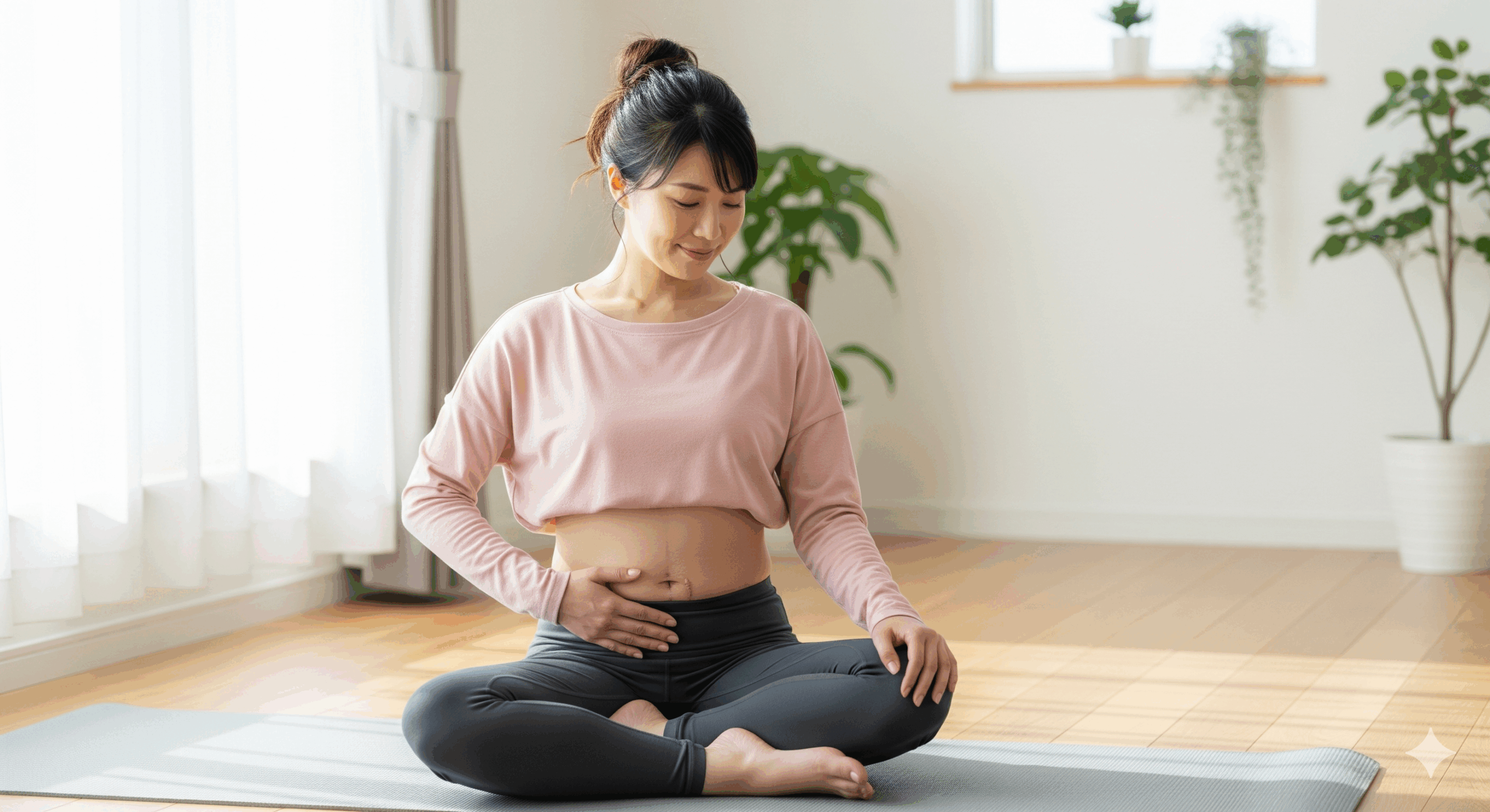 帝王切開後のお腹ぽっこり改善に向けてストレッチをする産後ママ