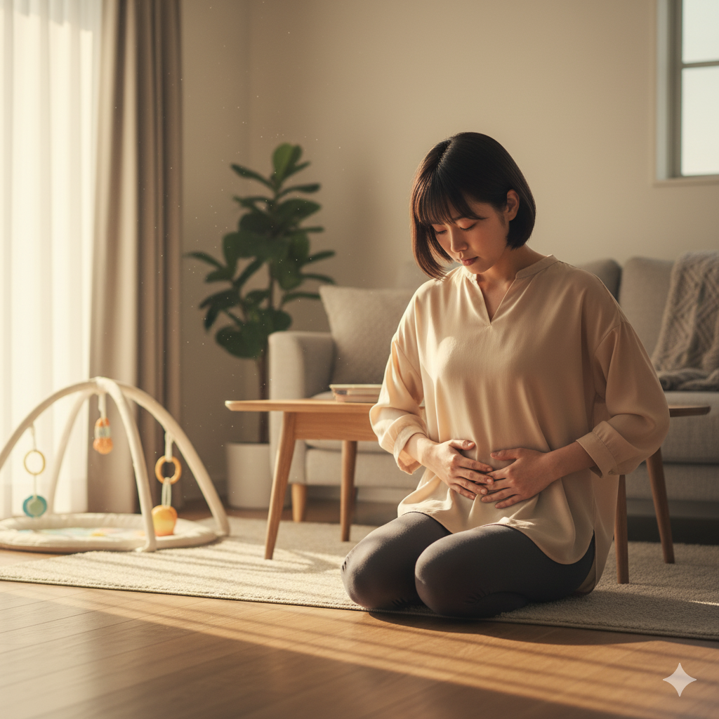 帝王切開後のお腹を気遣いながら体の回復を意識する日本人ママの様子
