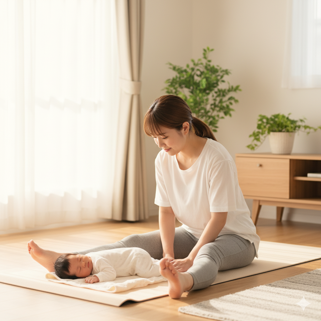 産後のママが赤ちゃんのそばでストレッチをしながら体型戻しに取り組む様子