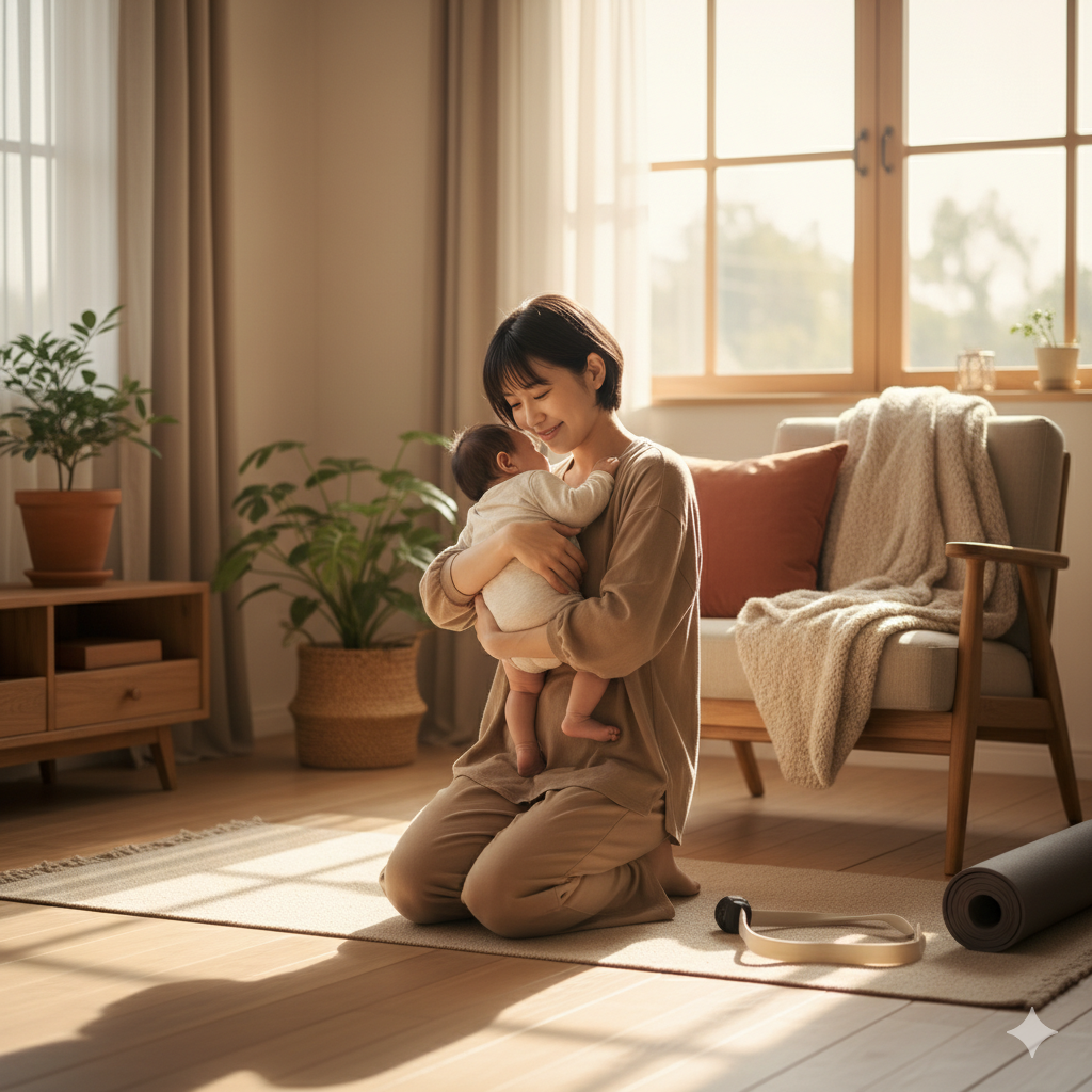 帝王切開後の産後ダイエット方法を意識しながら赤ちゃんを抱いて微笑む日本人ママのイメージ