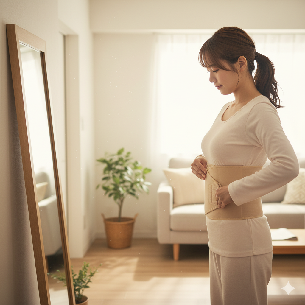 帝王切開後の運動 再開に向けて、産後ママがサポートベルトをお腹に巻いている様子