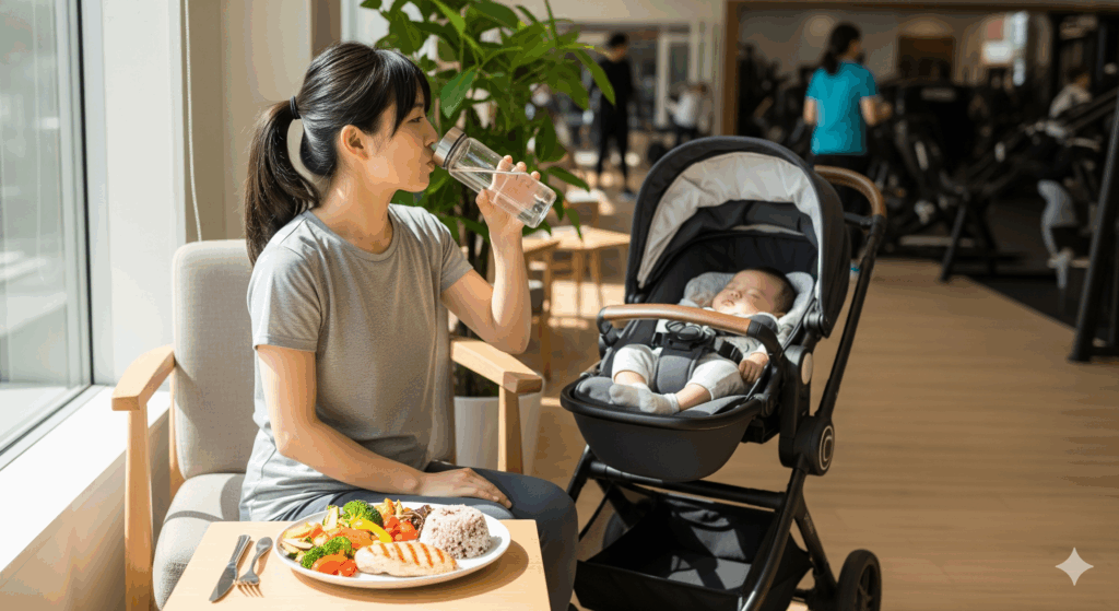 ジムの休憩スペースで、日本人の産後ママが水筒から水を飲んでいる。隣には小さなテーブルがあり、バランスの良い食事プレート（鶏肉、野菜、玄米）が置かれている。赤ちゃんはベビーカーで安心して眠っている。写真風、自然光で明るい雰囲気。