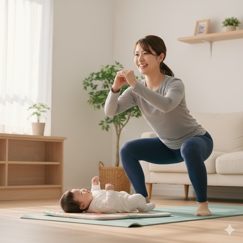 産後4〜6ヶ月の日本人ママがヨガマットの上でスクワットを行い、そばで赤ちゃんがプレイマットに寝ている様子。明るいリビングで笑顔を見せながら運動している。