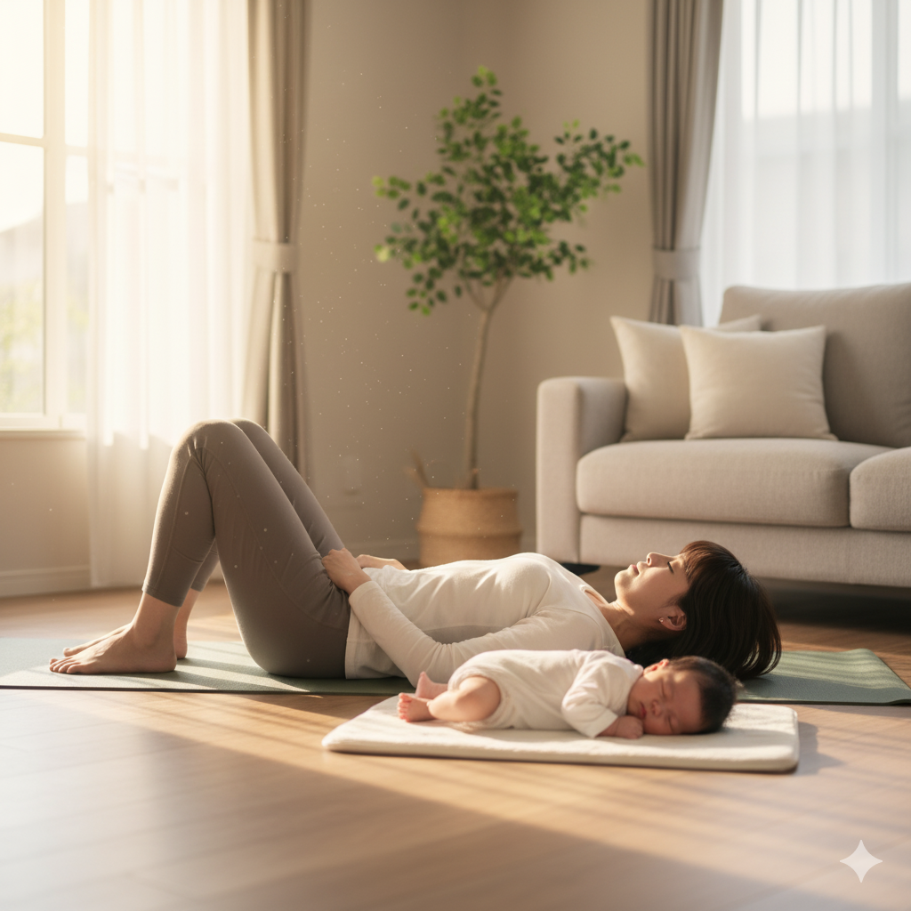 産後のママが骨盤ケアエクササイズで体型戻しに取り組んでいる様子