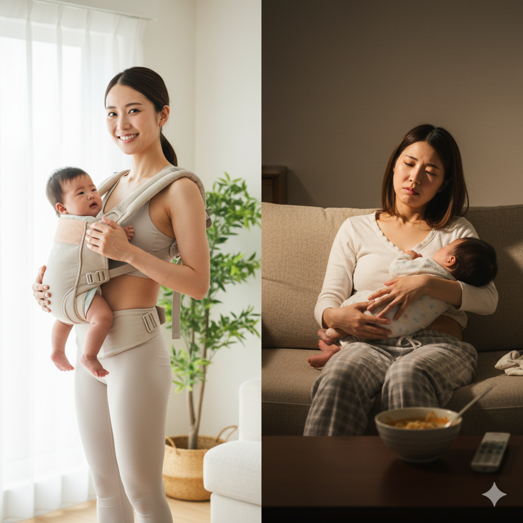 産後 痩せる 人と痩せ ない 人 を比較したイメージイラスト。引き締まったママと体型が戻らず疲れているママ