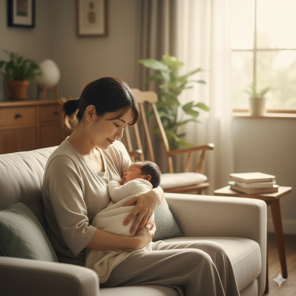 産後の女性が赤ちゃんを抱きながら少し疲れた表情をしている様子