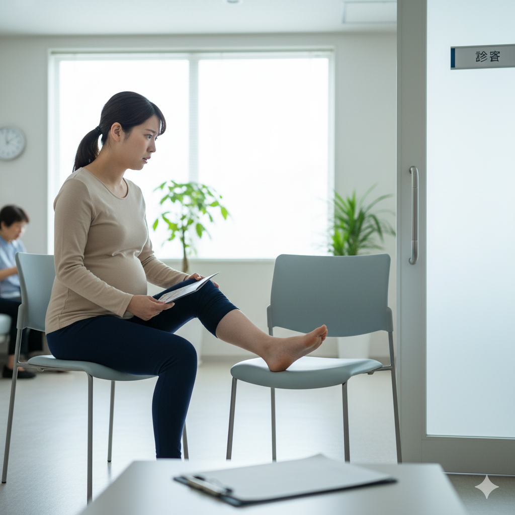 日本人の産後ママが足のむくみを気にして病院で相談している様子の写真イメージ
