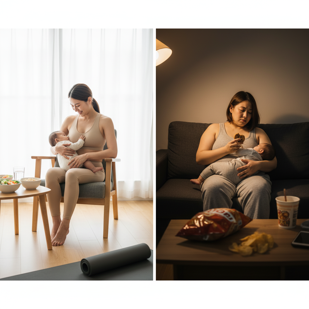 妊娠中の体重増加の違いによって産後に痩せる人と痩せない人を比較したイメージ
