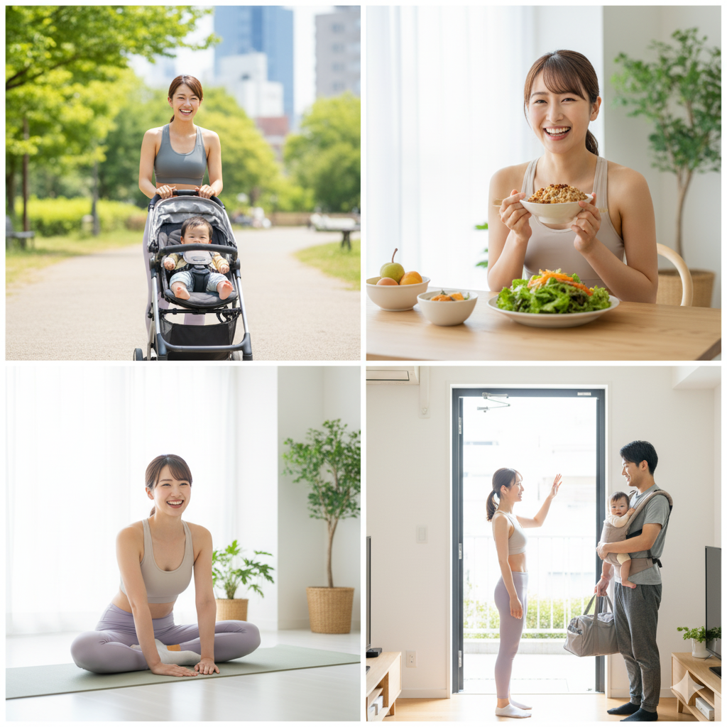 産後に痩せる人が実践している習慣を描いたイメージ。散歩・食事改善・ヨガ・家族の協力
