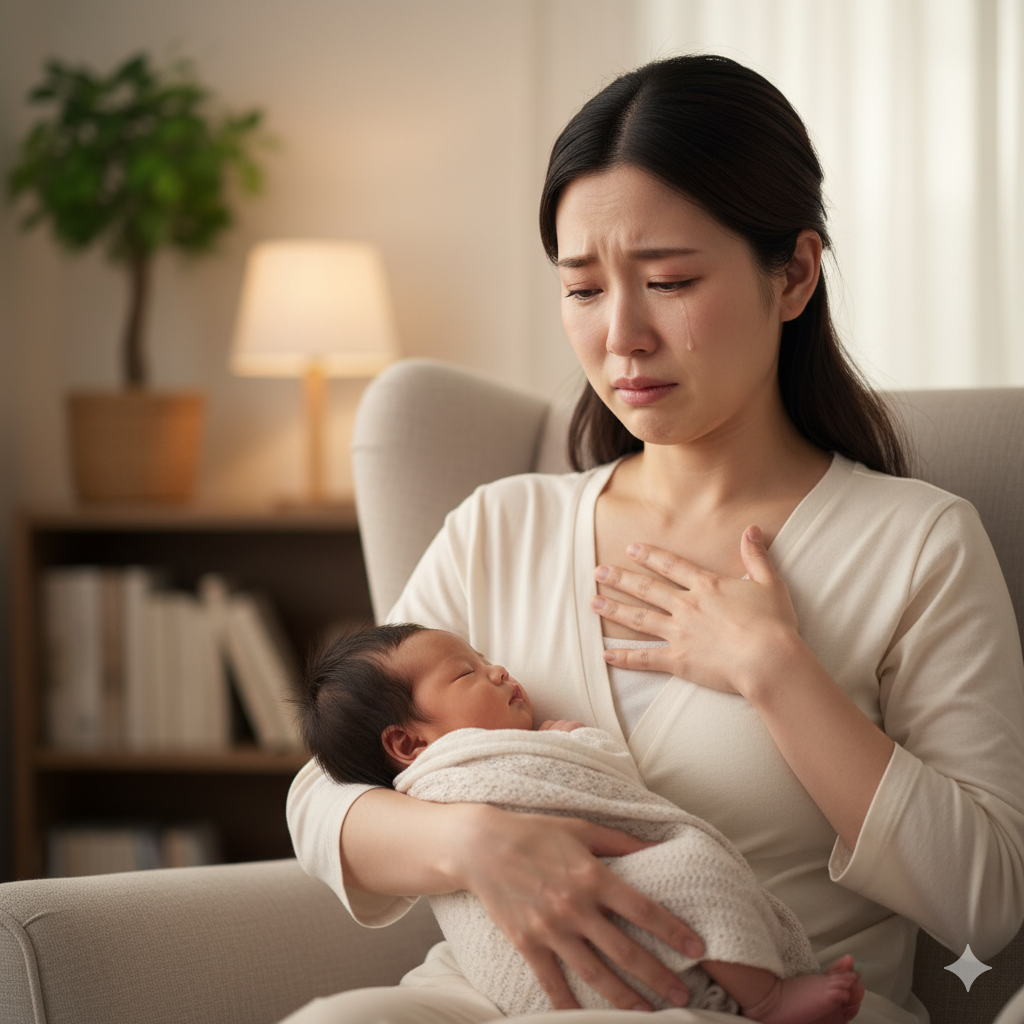 赤ちゃんを抱きながら涙をこらえる産後の女性