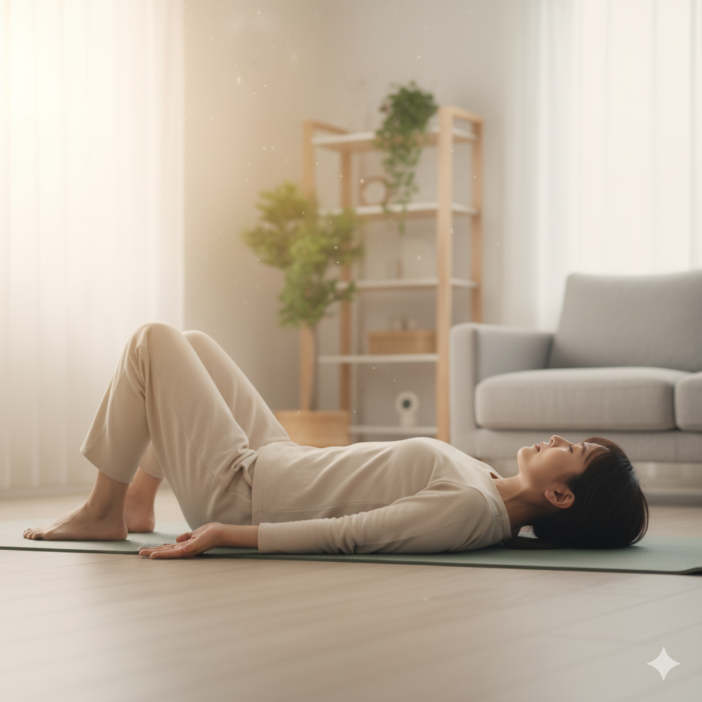 帝王切開後の運動 再開のために、産後ママがヨガマットで骨盤底筋エクササイズをしている様子