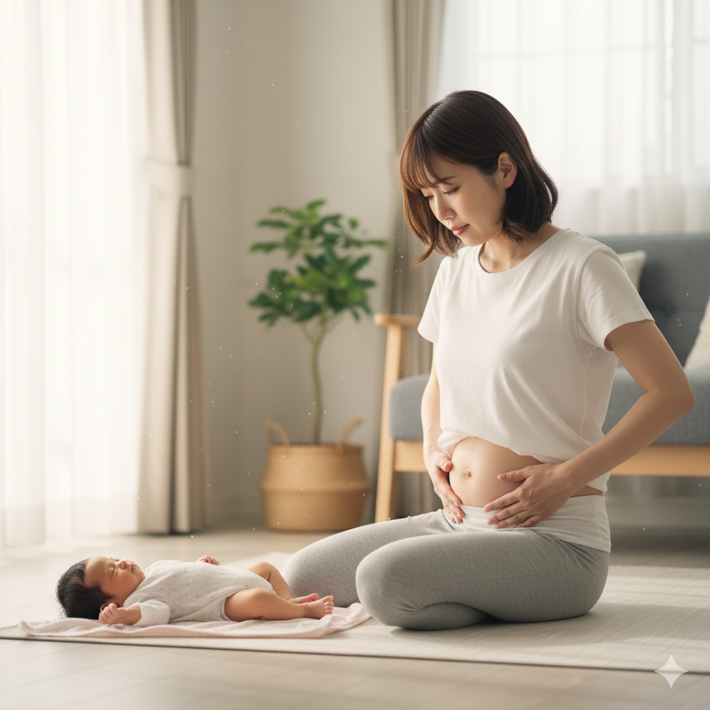 産後の女性が骨盤やお腹の体型変化を気にしている様子