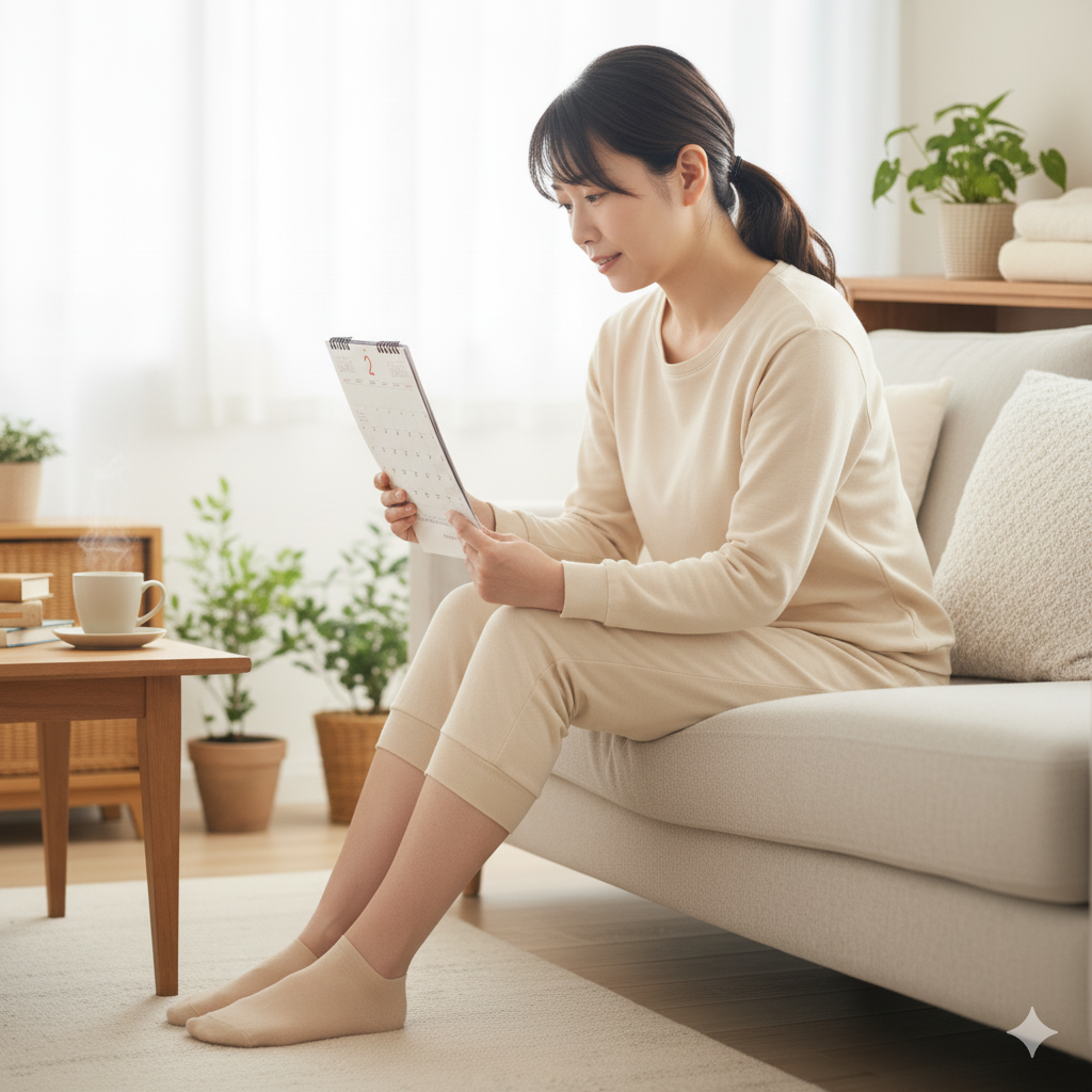 日本人の産後ママがカレンダーを見ながら足のむくみの回復を確認している様子の写真イメージ

