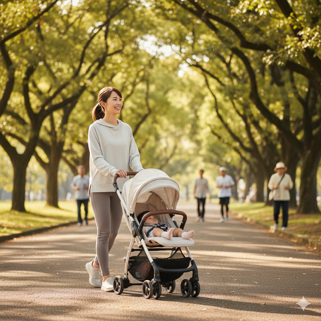 産後7〜9ヶ月の日本人ママが赤ちゃんをベビーカーに乗せて公園を歩いている。日常に運動を取り入れ、笑顔で習慣化している様子。