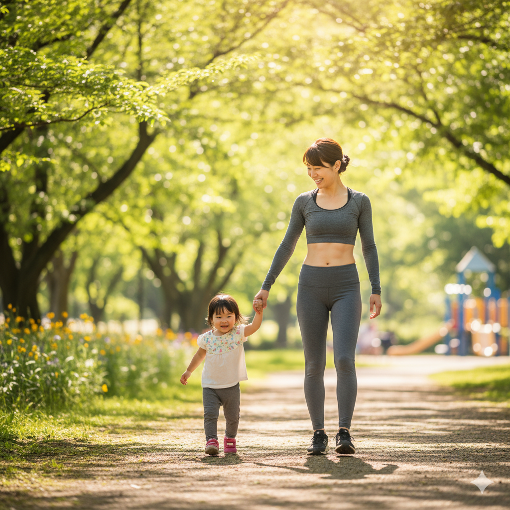 産後の体型ケアを続けたママが子どもと笑顔で歩く様子