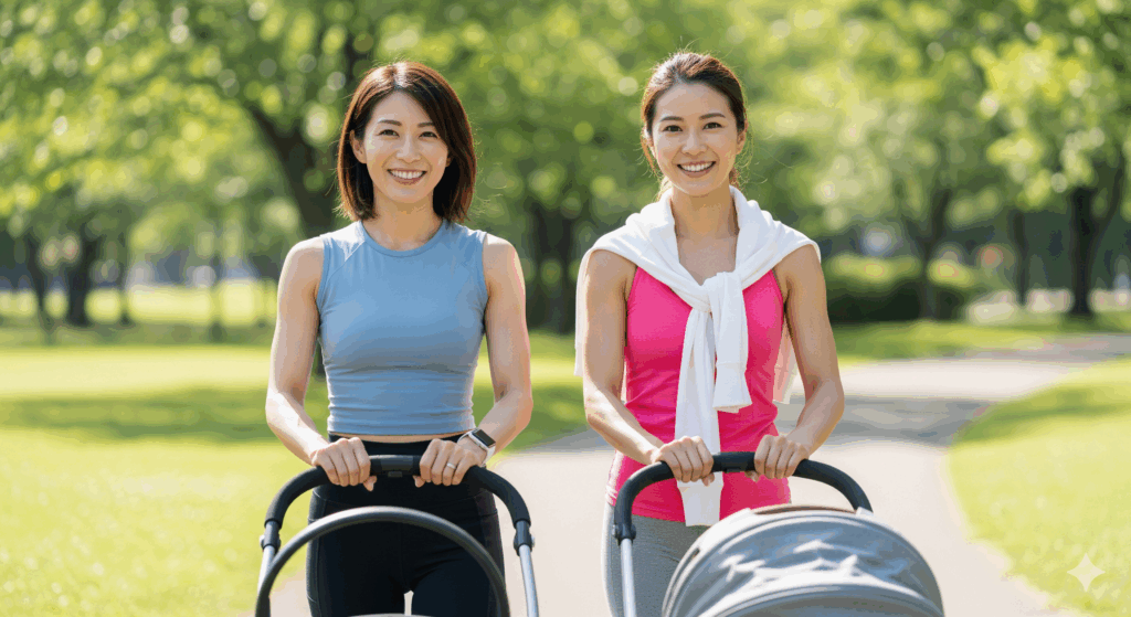 産後のダイエットでマイナス 10 キロを達成したママたちが、子どもと一緒にウォーキングを楽しんでいる様子
