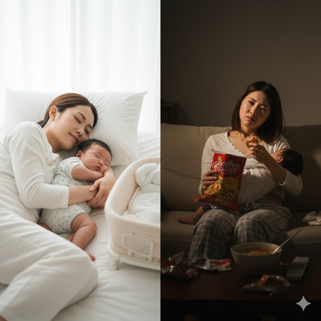 ストレスや睡眠不足で痩せない産後ママと、休息をとって痩せやすい産後ママを比較したイメージ
