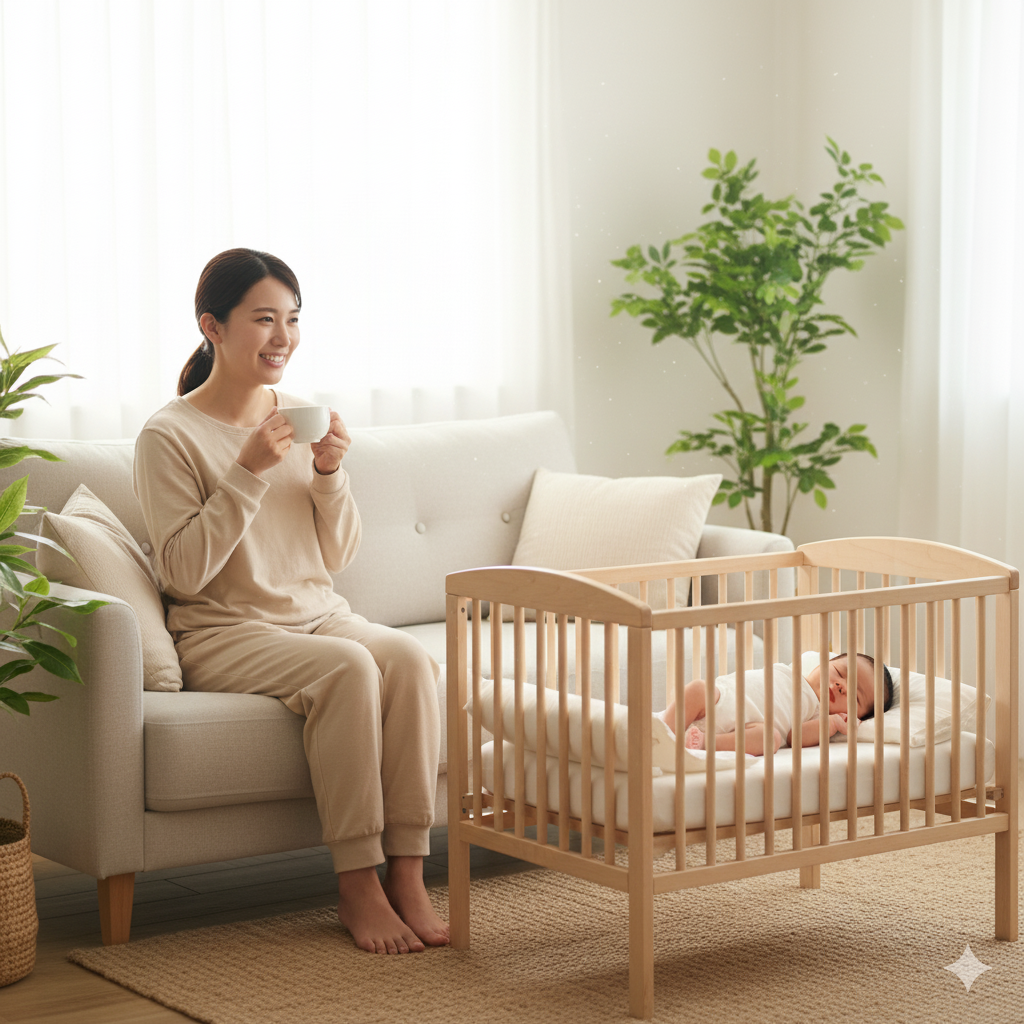 授乳後にコーヒーを飲み、赤ちゃんがベビーベッドで眠っている様子
