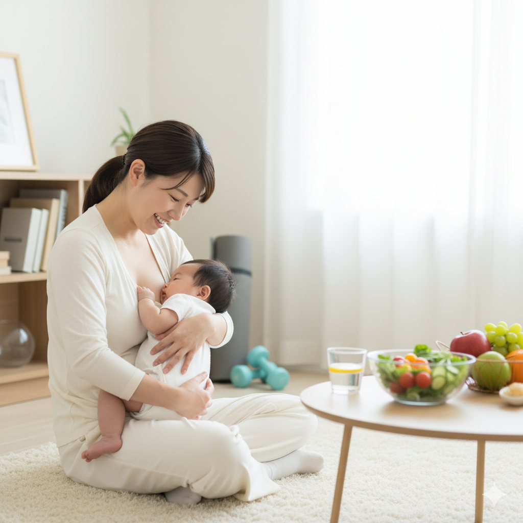 母乳育児で健康的に痩せるためのまとめをイメージしたシーン。赤ちゃんを抱きながら笑顔のママ
