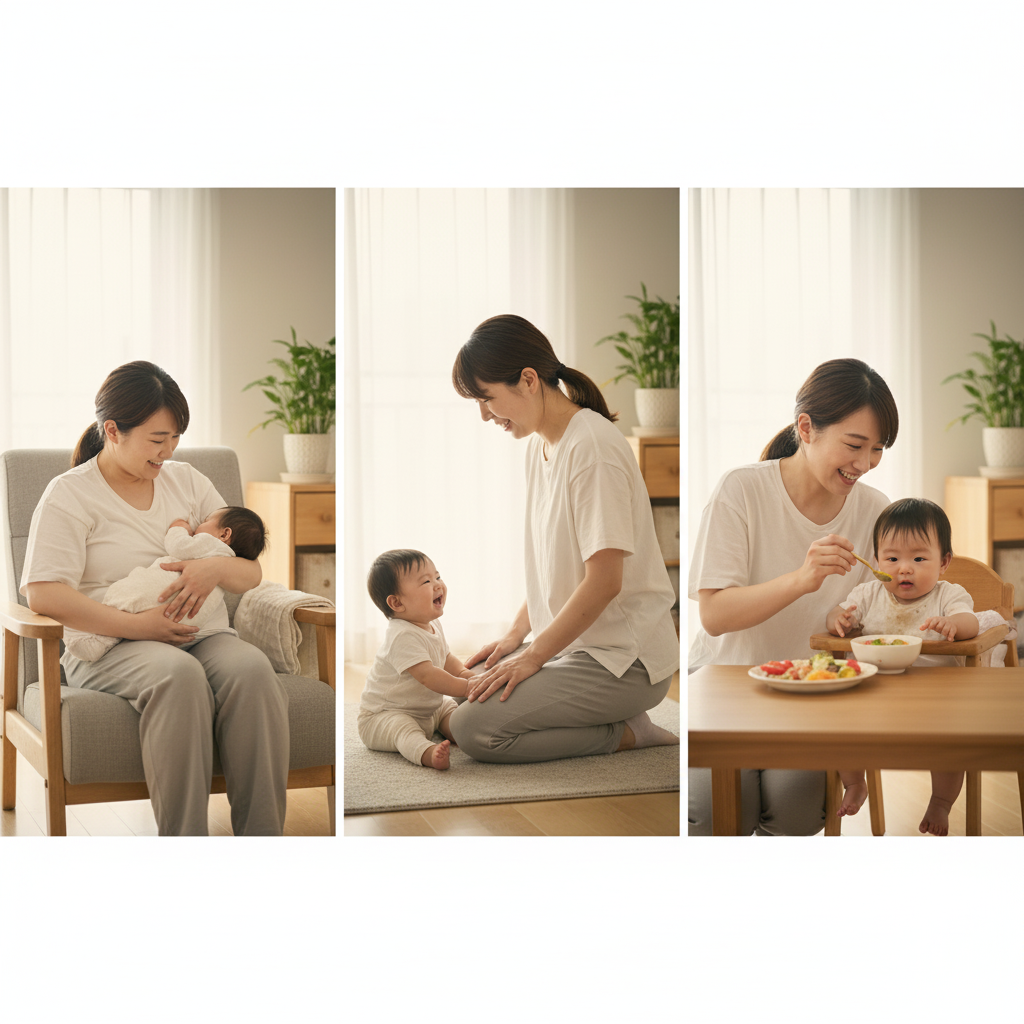 母乳育児で痩せやすい時期を表現したシーン。新生児期から離乳食期までのママと赤ちゃんの様子
