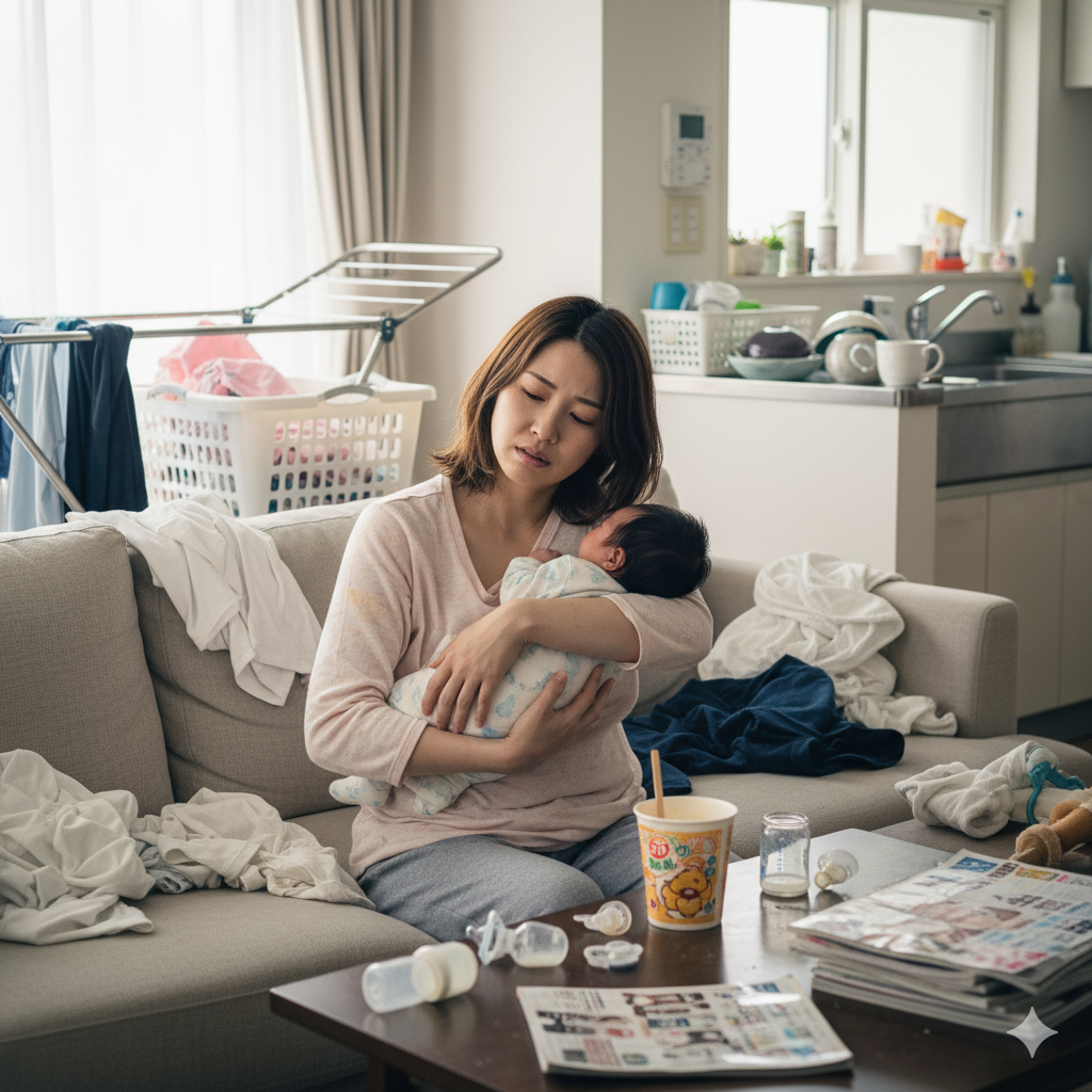 赤ちゃんを抱きながら疲れた表情をする産後の女性