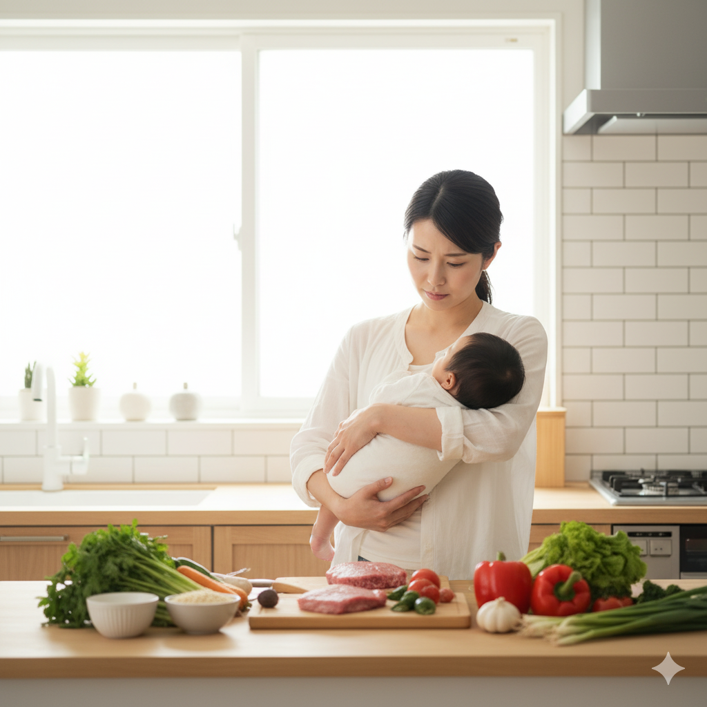 母乳で痩せないことに悩む産後ママが赤ちゃんを抱きながら食事に迷っている様子