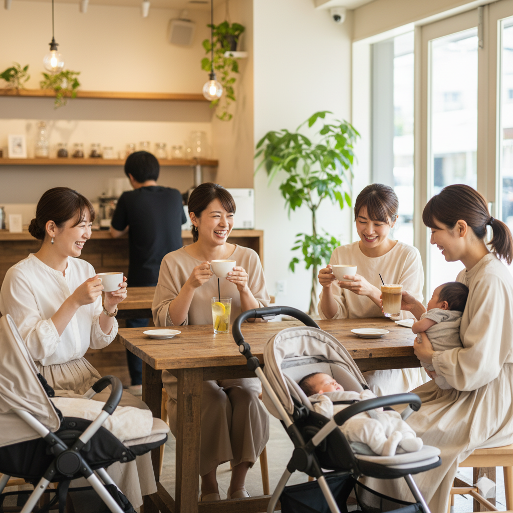 複数のママがカフェでコーヒーやノンカフェイン飲料を手に談笑している様子
